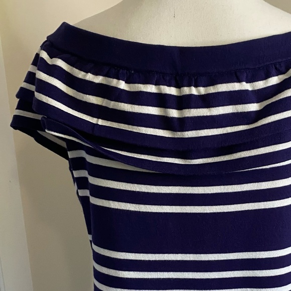 Pointelle Navy/White Double Ruffle Shoulder Coastal Nautical Casual Knit Top-XL - Picture 3 of 15